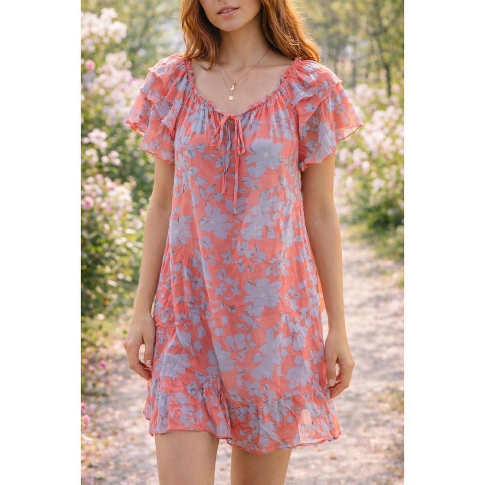 Womens Y2K Red Blue Floral Mini Dress Medium Flutter Sleeve Tie